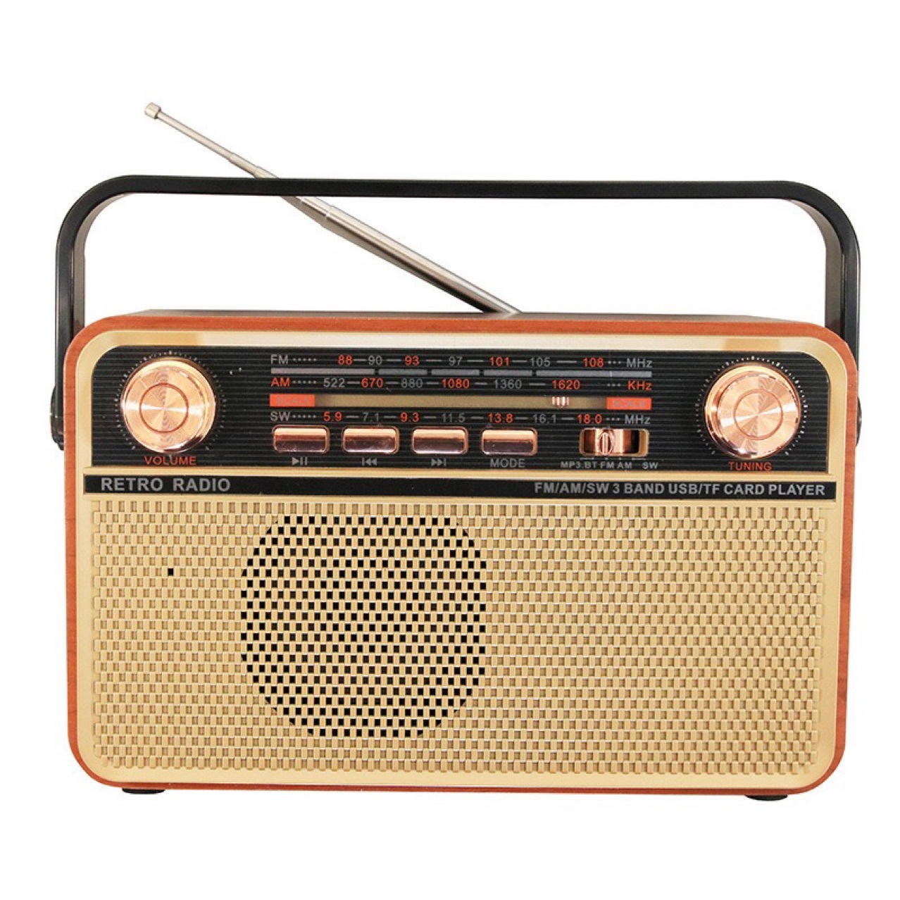 Los fabricantes venden tarjetas portátiles multibanda de grano de madera retro, radio con linterna recargable Bluetooth de alta calidad