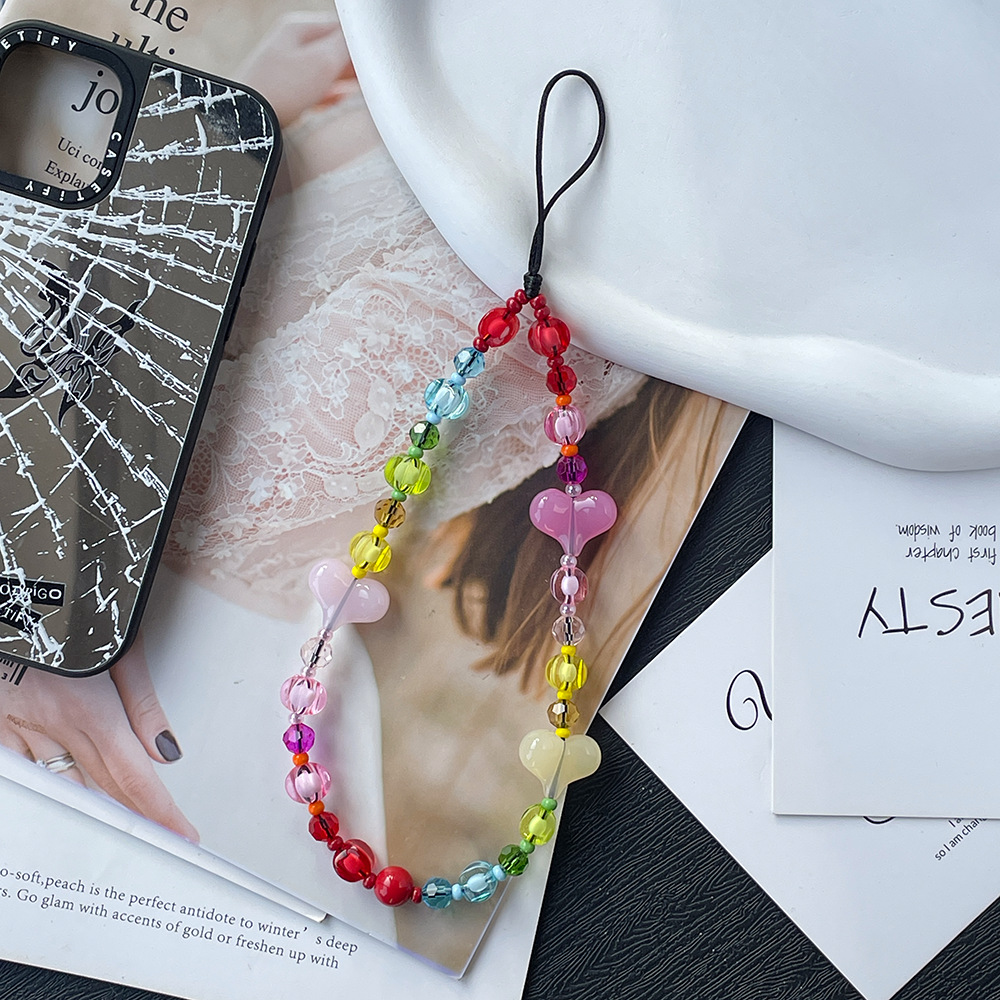 Acrylic, Artificial Crystal, Glass Bead Material 1 Piece Cute Sweet Heart Shape Acrylic Artificial Crystal Glass Bead Beaded Mobile Phone Lanyard