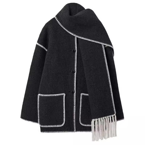  Autumn/Winter European and American Cross-border New Fashion Women's Woolen Coat with Thick and Loose Design, with Scarf and Tassel