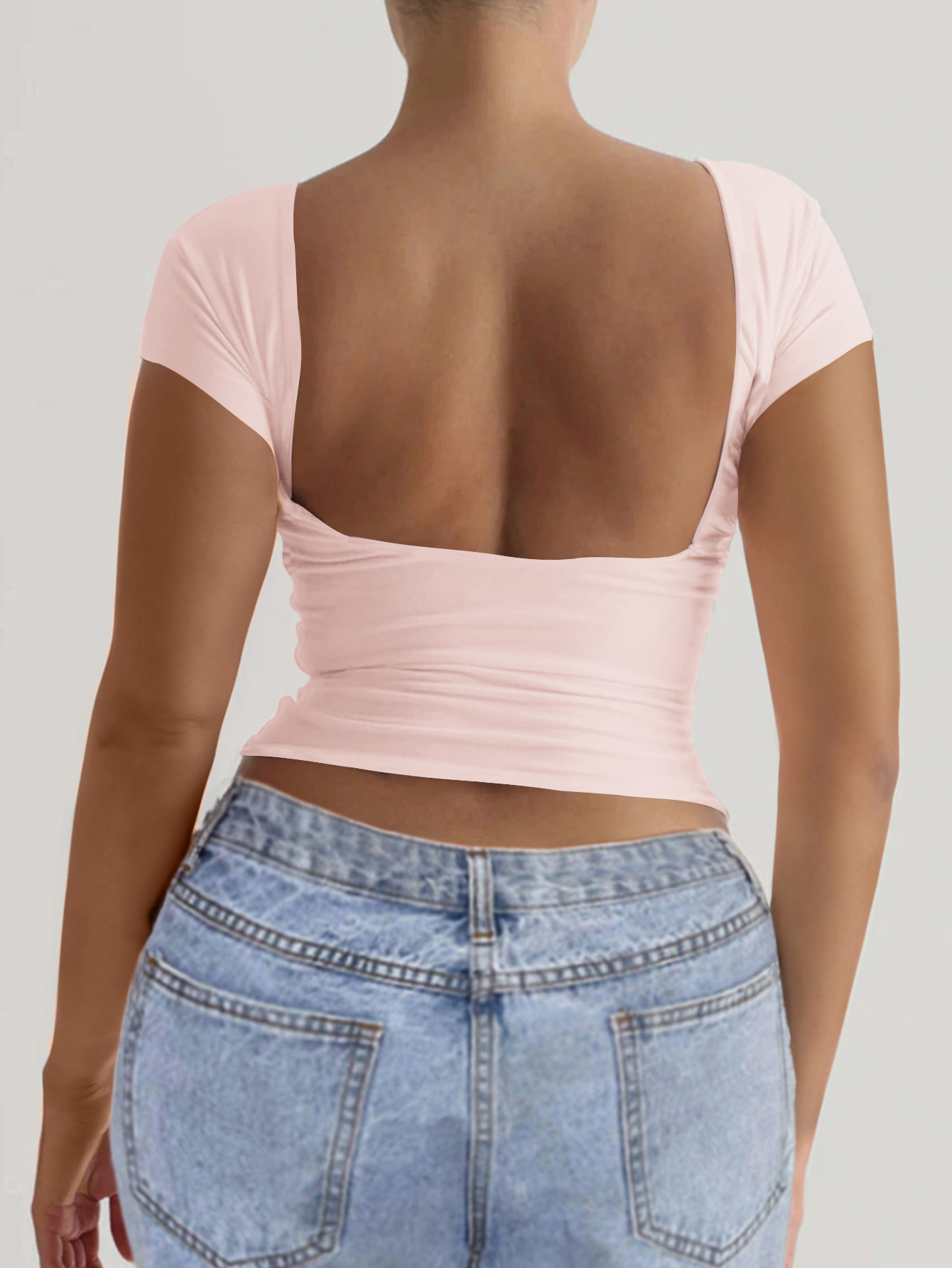 91g Weight Short Sleeve Sleeve Length Pullovers Placket Type Regular Sleeve Sleeve Type Spandex, Viscose fiber Fabric Type Regular Top Length T-shirt Tops Type Daily Occasion Round Neck Neckline Comfort Function Slim Fit Type Solid Color Pattern 2025 Spring and Summer Season Women's Gender Backless Design Streetwear Style Wholesale Women's Streetwear Solid Color Short Sleeve Backless T-Shirts 8