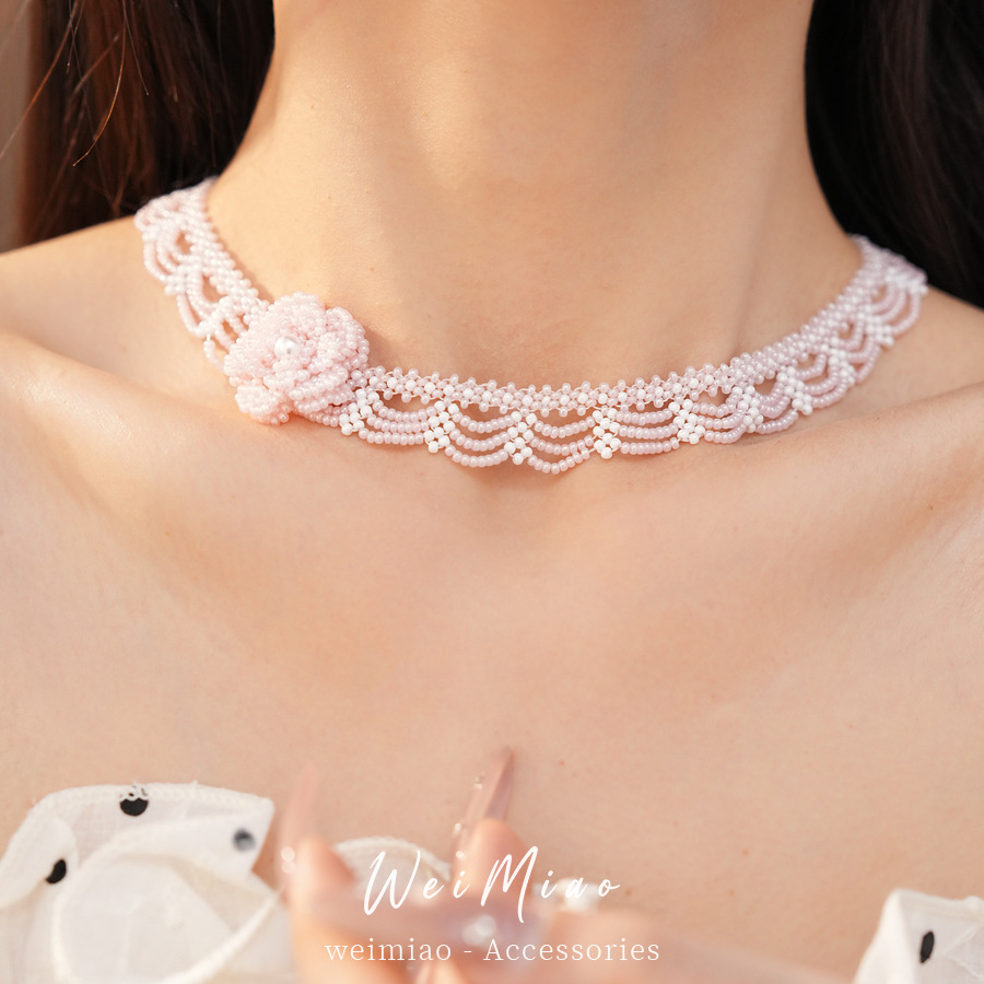 Rosa dulce viento cuentas de encaje flor collar de perlas ligero lujo nicho cadenas de clavícula temperamento conjunto de joyas de alta calidad