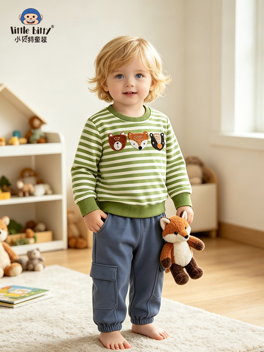 Cross-border children's clothing autumn sweatshirt set, European and American striped animal embroidery, 2026 two-piece outfit for toddlers and young children