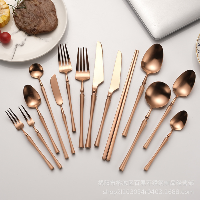 Small waist sanding 304 stainless steel steak tableware spoon rose gold Western knife fork chopsticks four-piece set suit
