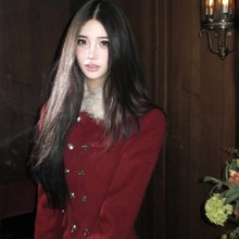 新年红撞色毛绒翻领双排扣毛呢外套秋冬新款高腰包臀半身裙套装女