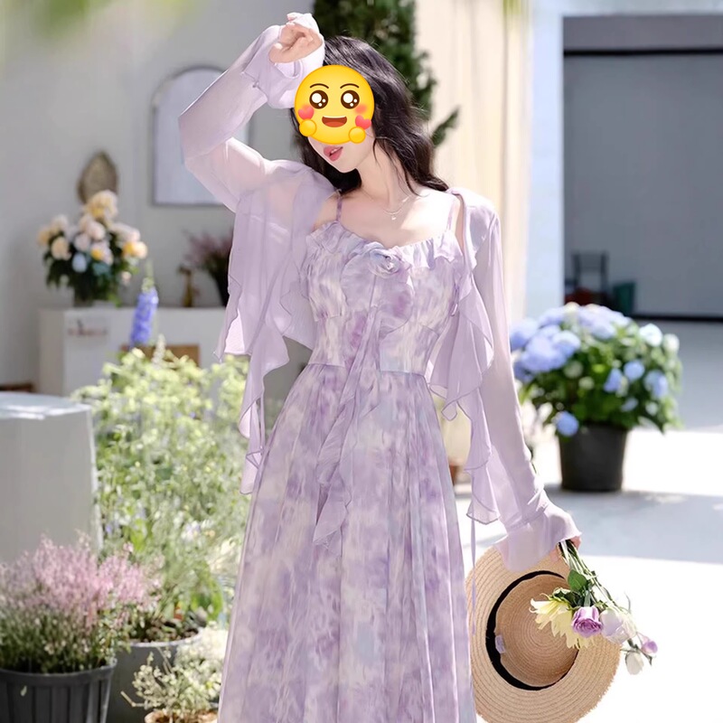 Women's Summer Suspender Dress with a High-End Feel, Unique and Beautiful Purple Suspender Dress Paired with a Sun-Protective Cardigan Two-Piece Set