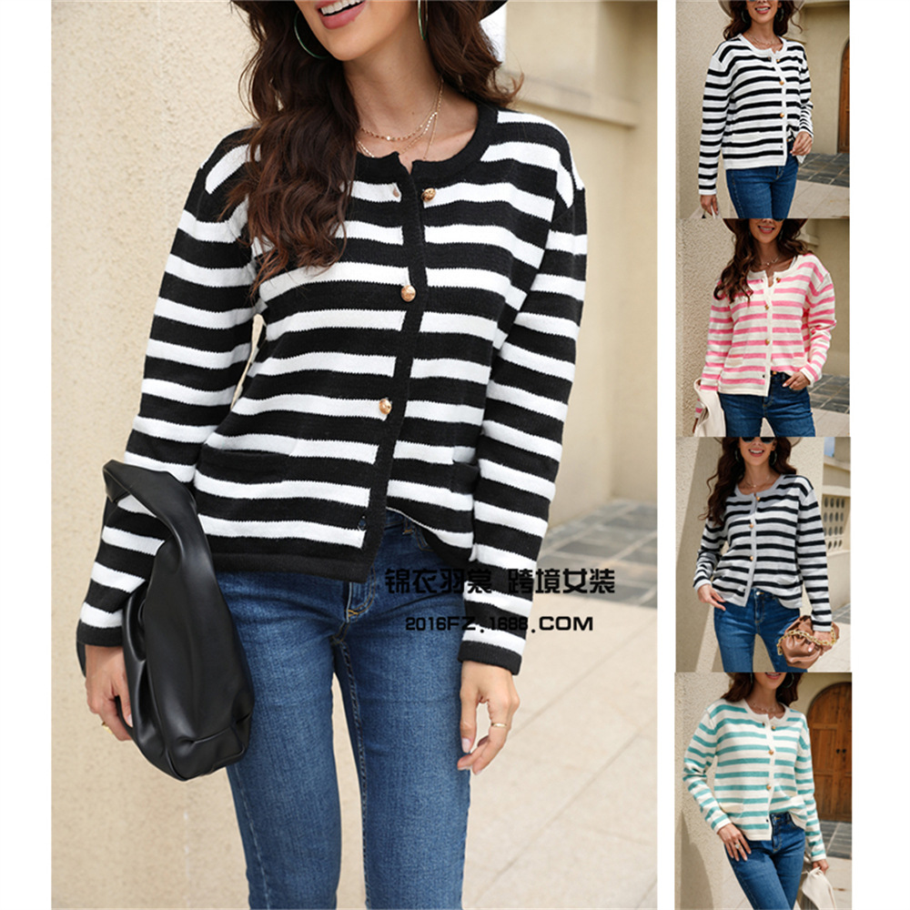 2024 가을, 겨울 국경 유럽과 미국 대외 무역 대형 루즈 니트 스웨터 아마존 라운드 넥 스트라이프 가디건 여성용 스웨터