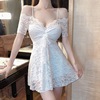 Sexy lace hem off the shoulder strap short sleeved dress