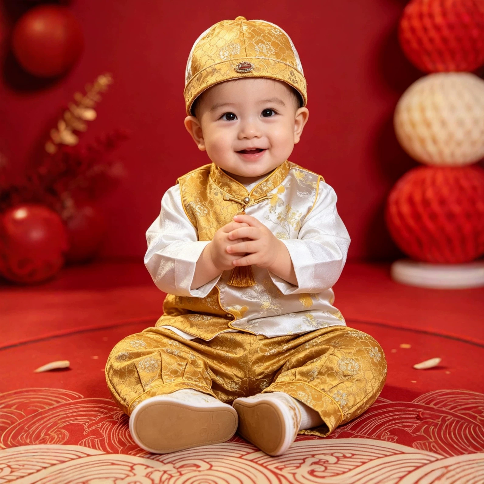 Baby boy's one-year-old birthday outfit, traditional Chinese style, including a golden vest and a traditional Chinese hat, suitable for festive occasions
