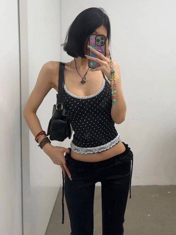 [260g Rayon Modal] Polka Dot Fake Two-piece Lace Sling Slim Ballet Style Women's Bottoming Inner Back