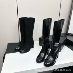 高版2025秋冬小香风真皮圆头拼色粗高跟侧拉链高筒骑士靴显瘦长靴