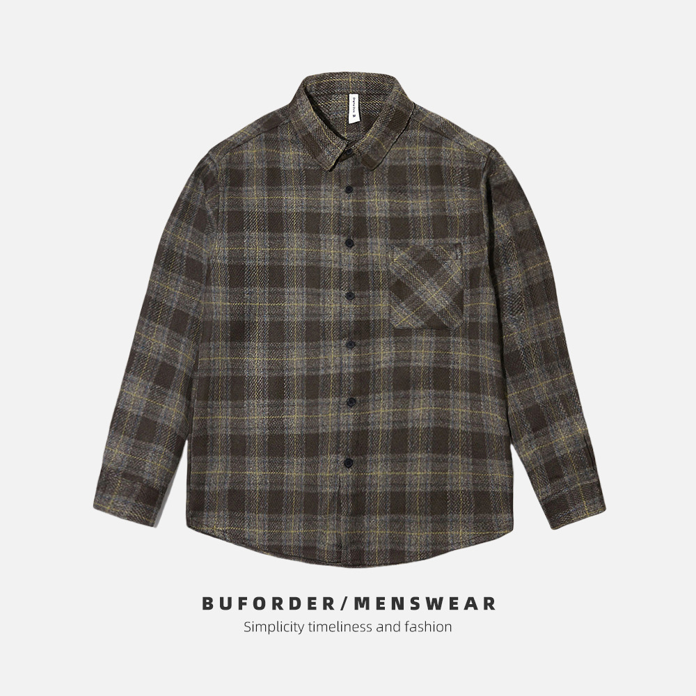 日系复古格子毛呢衬衫男士宽松休闲长袖衬衣潮D292亚麻秋季新款