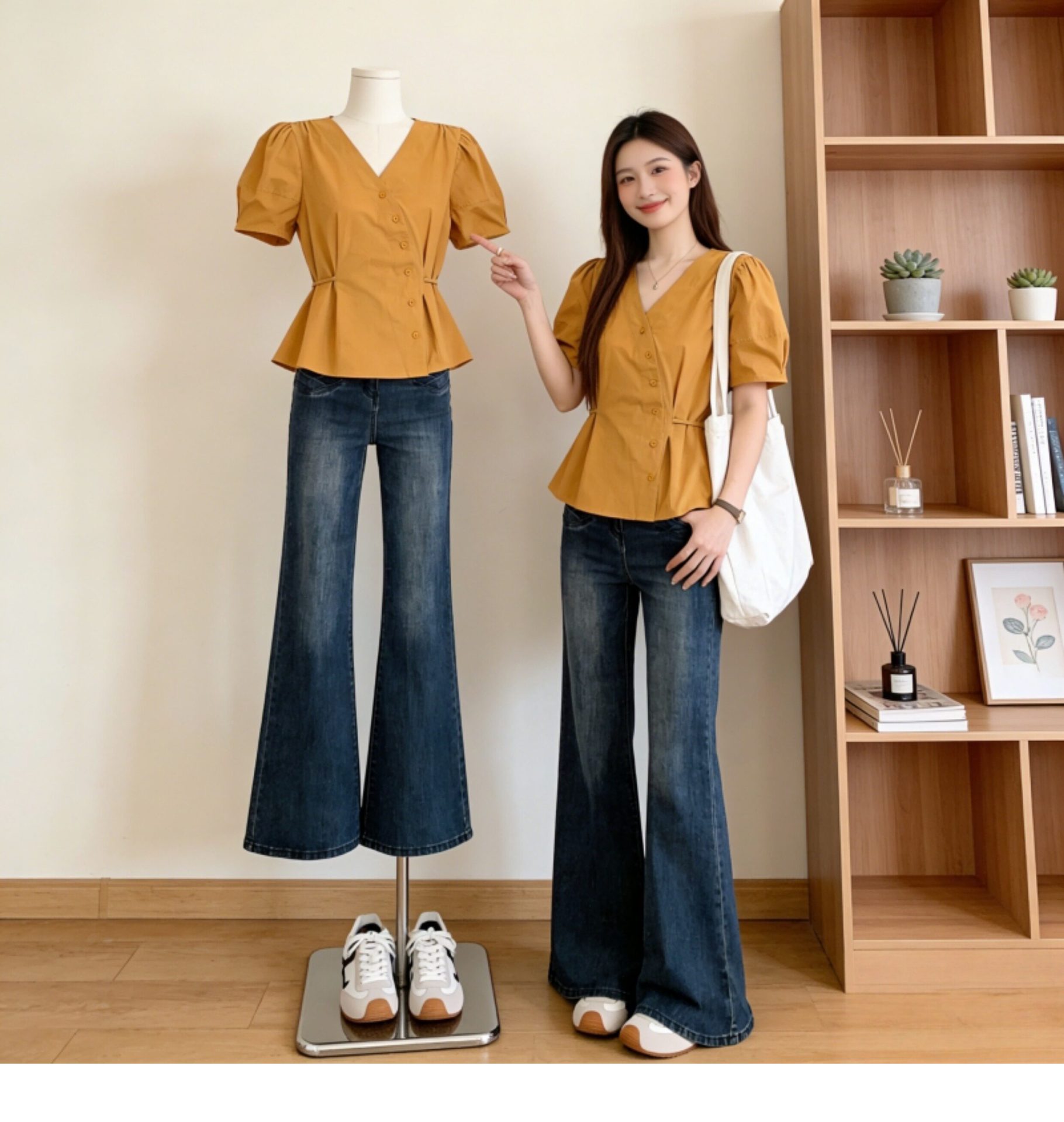 Áo sơ mi nữ cổ V tay ngắn phong cách Hàn Quốc, thiết kế eo ôm nhẹ — xanh lam chi tiết 3