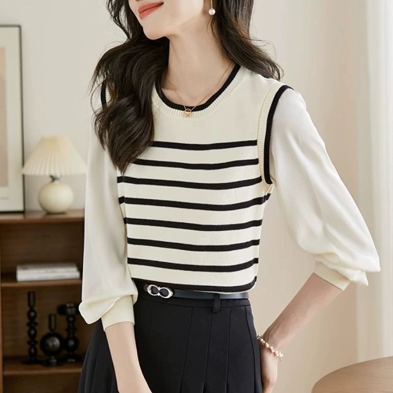 Французский трикотаж из поддельных двух предметов, Женский пуловер в полоску в стиле ретро с длинными рукавами на начало осени 2023 года