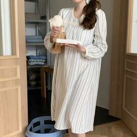 跨境专供女春季条纹花双层棉纱小V领花边家居服睡裙连衣裙配发圈