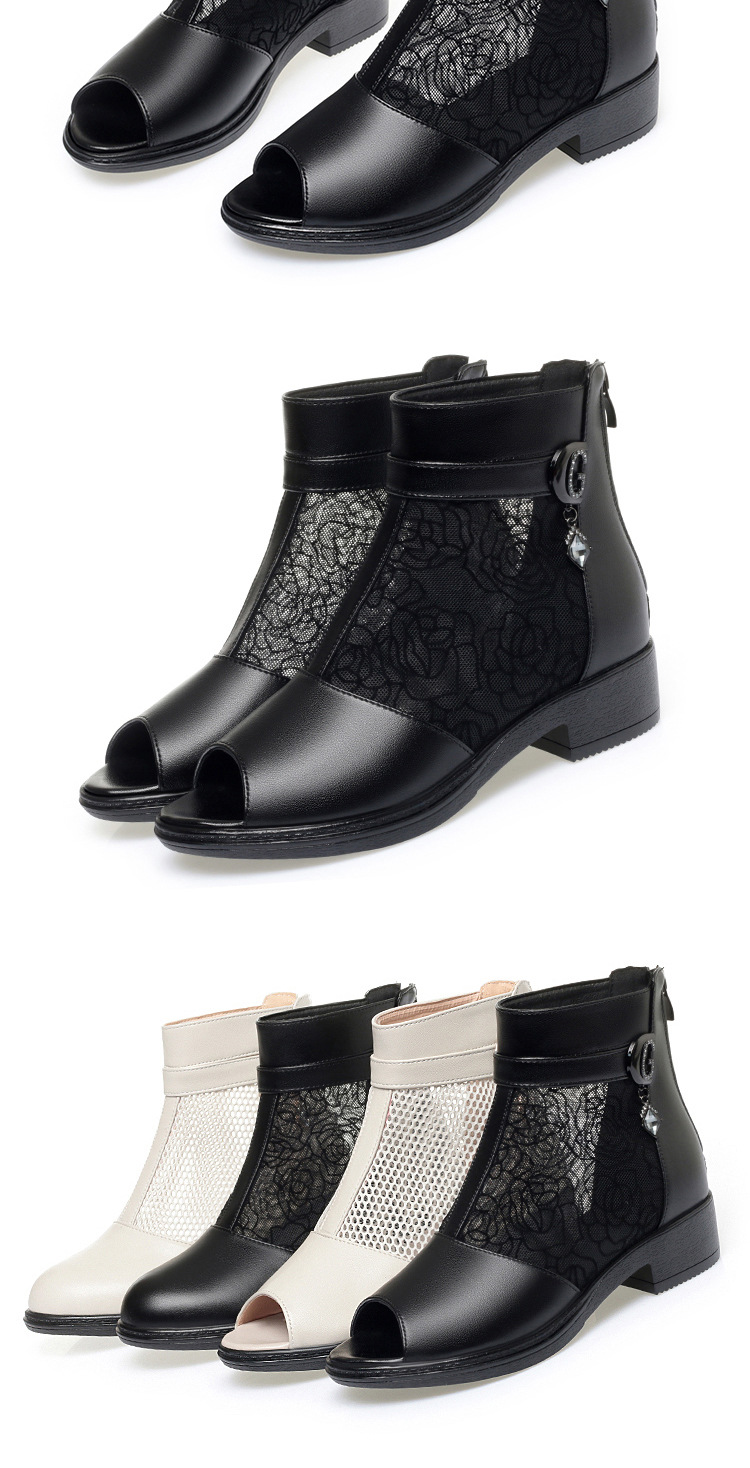 Giày sandal cao gót nữ hở mũi da thật lưới thoáng khí, gót thô ổn định, đế mềm — Đen/mũi hở chi tiết 12