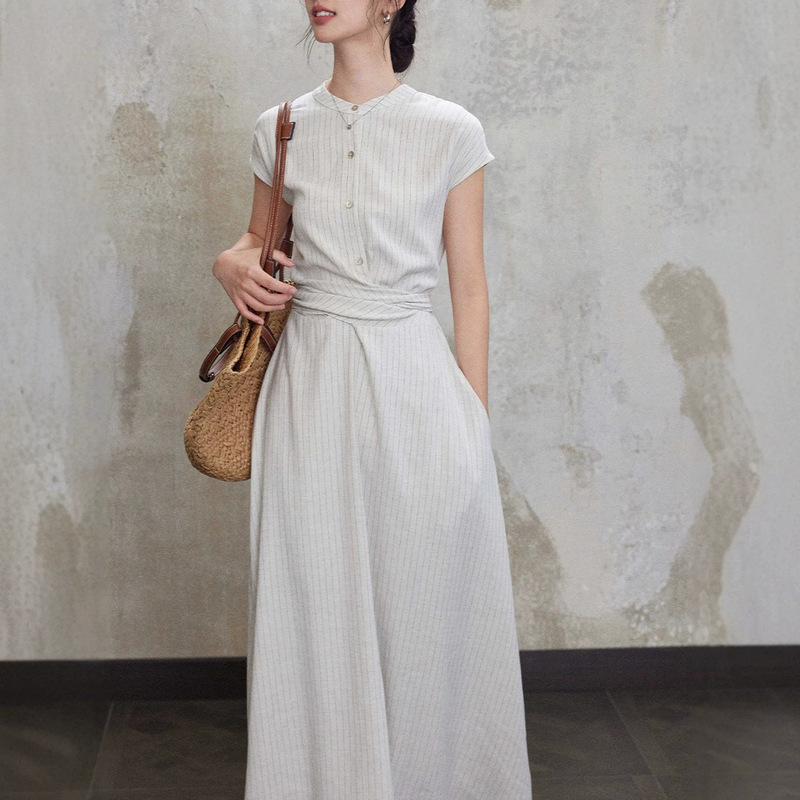 Eryang Design【Jiusheng】Commuter Intellectual Style White Striped Dress Women's Short Sleeve Shirt Dress Long Dress Eryang Design【Jiusheng】Commuter Intellectual Style White Striped Dress Women's Short Sleeve Shirt Dress Long Dress