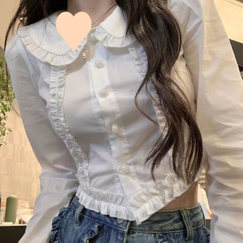 Women's Short Sleeve High-Waisted Long-Sleeve A-Line White Babydoll Collar Blouse with Lace Detail for a Fitted and Slimming Effect