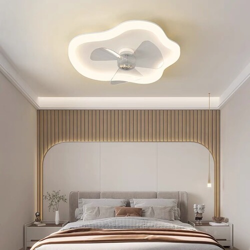 Modern minimalist ceiling fan light for bedroom, cream-colored pendant fan light for dining room, Zhongshan minimal invisible silent smart light