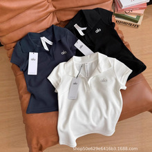 现货alo POLO衫v领正肩网球简约印花短袖女修身显瘦设计感小众短