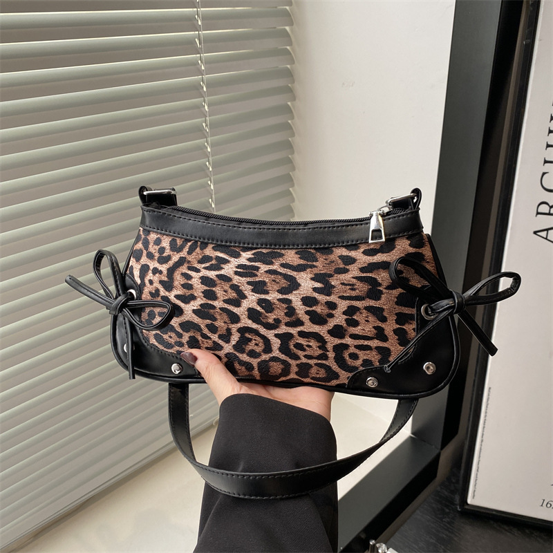 Cross-Border Retro Leopard Print Pleated Bow Bag Women's Bag 2025 New Trendy Fashion Shoulder Bag Temperament Crossbody Bag