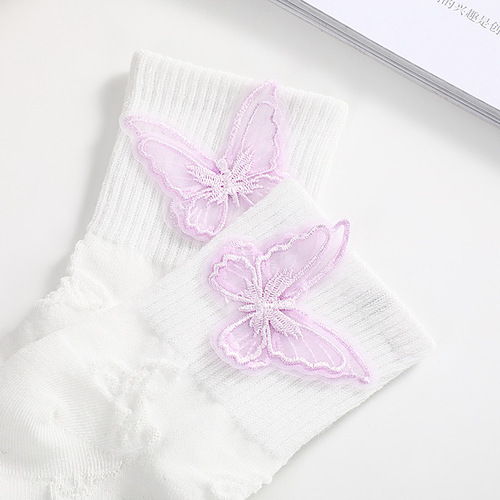 Spring and summer embroidery three-dimensional 3D butterfly mid-calf socks jk lolita white socks fairy pile socks wholesale