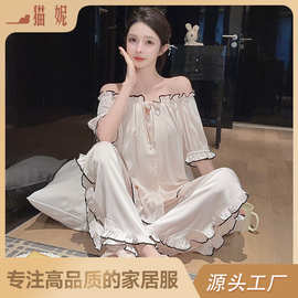 新款冰丝春夏女法式甜美公主风高级感睡衣套装一字肩可外穿家居服
