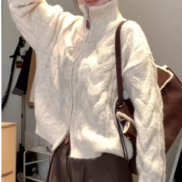 秋冬季穿搭慵懒风高领毛衣女士2025新款双拉链设计感开衫上衣外套