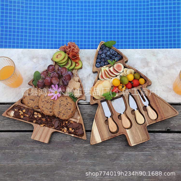 跨境圣诞树造型芝士板含刀叉水果面包切板聚餐派对甜品熟食板菜板