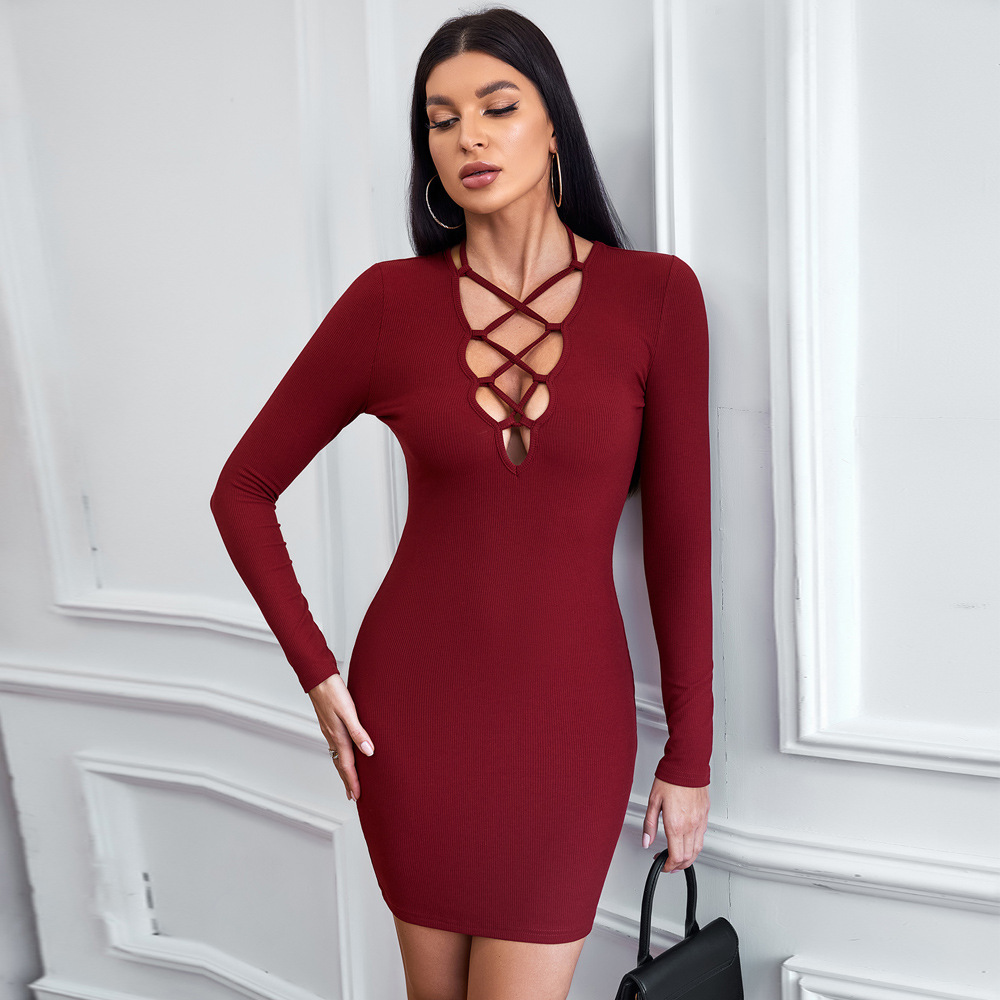 solid color hollow V-neck long sleeve sheath dress NSYSQ138140