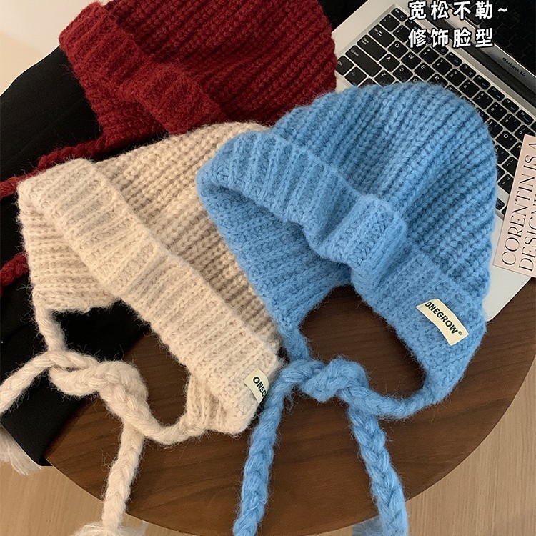 蓝色巴拉克拉法帽女秋冬季保暖护耳针织毛线帽显脸小防寒包头帽子|undefined
