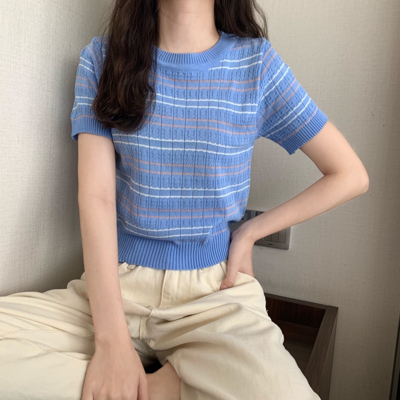 2024韩风上衣女装新款潮针织短袖t恤修身短款打底衫上衣夏