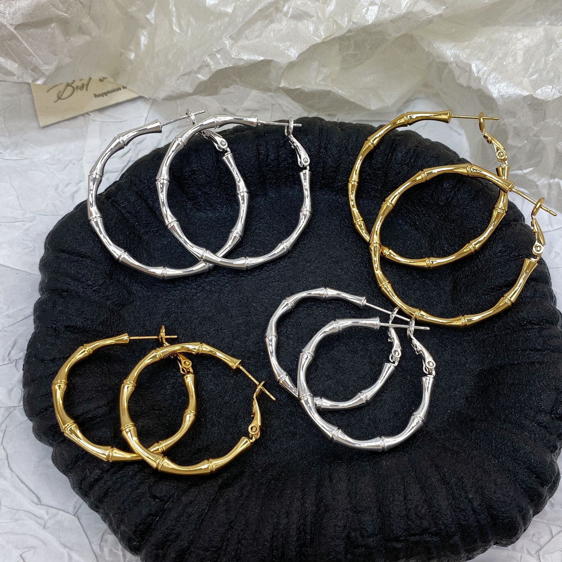 Copper Plated with Real Gold, European and American Style, Unique Bamboo Joint Smooth Large Hoop Earrings for Women, New Trendy Light Luxury High-End Earrings
