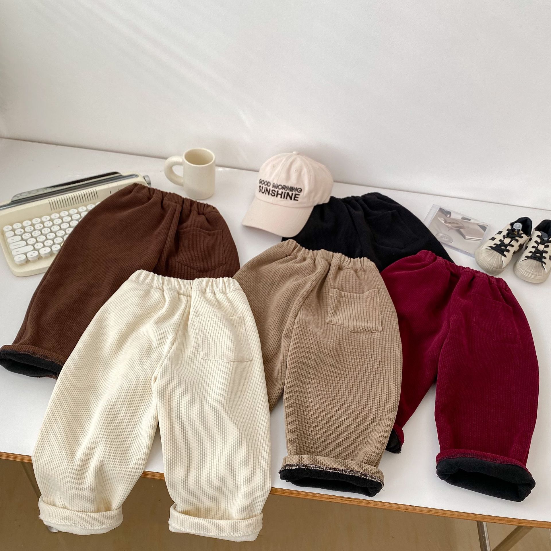 2023 Winter Children's One piece Plush Corduroy for Boys Girls, Thickened and Warm Long Pants with Little Meng_voghion.com