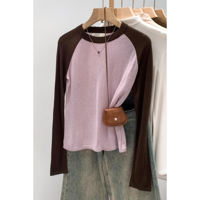 Brand Discount Contrasting Color Stitching Round Neck Long-Sleeved Knitwear for Women Autum 2025 New Unique and Beautiful Single Top
