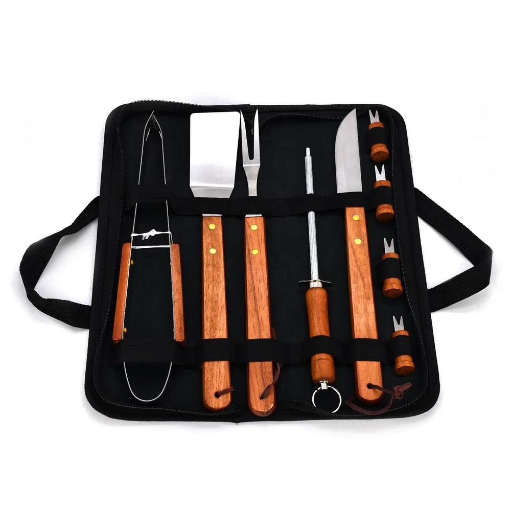 Amazon acero inoxidable mango de madera parrilla set de herramientas de bebida salvaje al aire libre BBQ casa parrilla combinación set de bolsa de tela