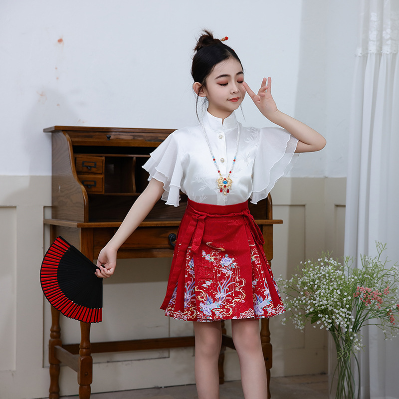 Falda de cara de caballo para niñas Hanfu Net Red Spring Nuevo estilo Vestido Tang para niños de mediana edad Princesa Estilo antiguo Estilo occidental Estilo chino