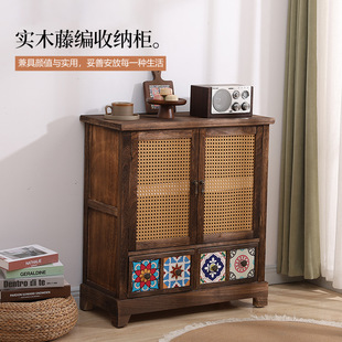 Entrance Tea Cabinet Rattan Bucket Cabinet Living Room Side Cabinet American Style Balcony Solid Wood Storage Locker Vintage Side Cabinet