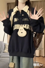 学院風polo襟の女性秋冬の新型のゆったりした半ファスナーの小さい大衆のデザイン感の長袖の上着のファッション
