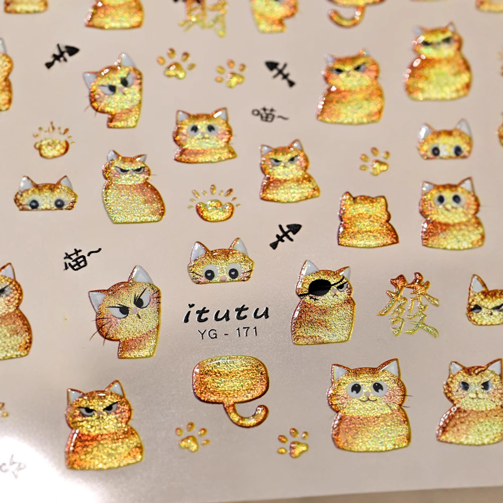 Internet éxito rico gatito flash ojo de gato pegatinas de uñas adorable gatito naranja gato negro dedos en relieve pegatina de uñas