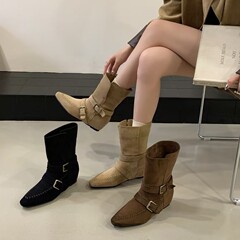 尖头西部两穿短靴女2025秋冬新款皮带扣内增高炸街百搭休闲潮短靴
