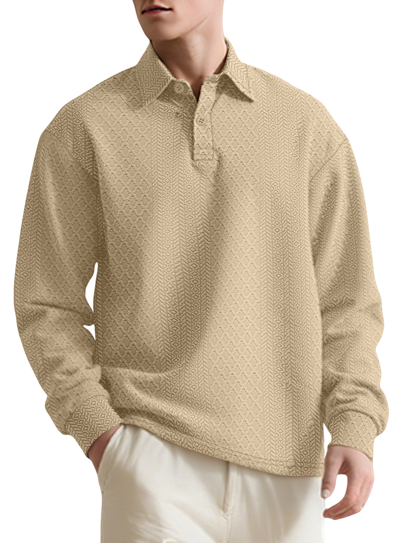 26 Cross-Border European And American Men's Textured Jacquard Solid Color Button New Polo Shirt Turn-Down Collar_voghion.com
