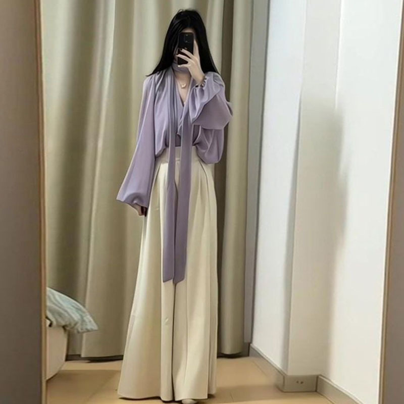 2025春季搭配一整套装女法式感黑色上衣高腰阔腿裤职业两件套|undefined