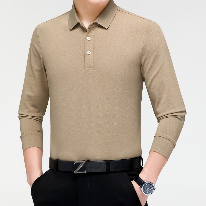Branded middle-aged men's polo shirt, fashionable solid color long-sleeve, versatile for autumn and winter, casual business base shirt for dads Branded middle-aged men's polo shirt, fashionable solid color long-sleeve, versatile for autumn and winter, casual business base shirt for dads