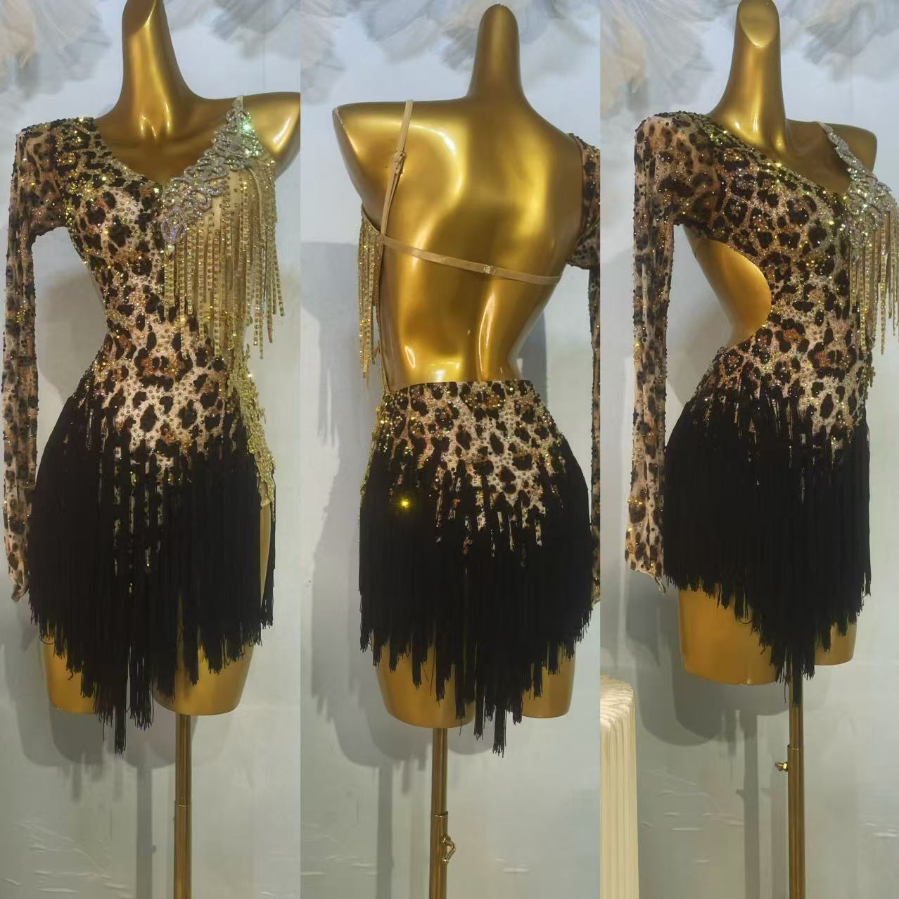 拉丁舞服比赛豹纹艺考比赛表演服成人演出专业舞蹈流苏连衣裙伦巴