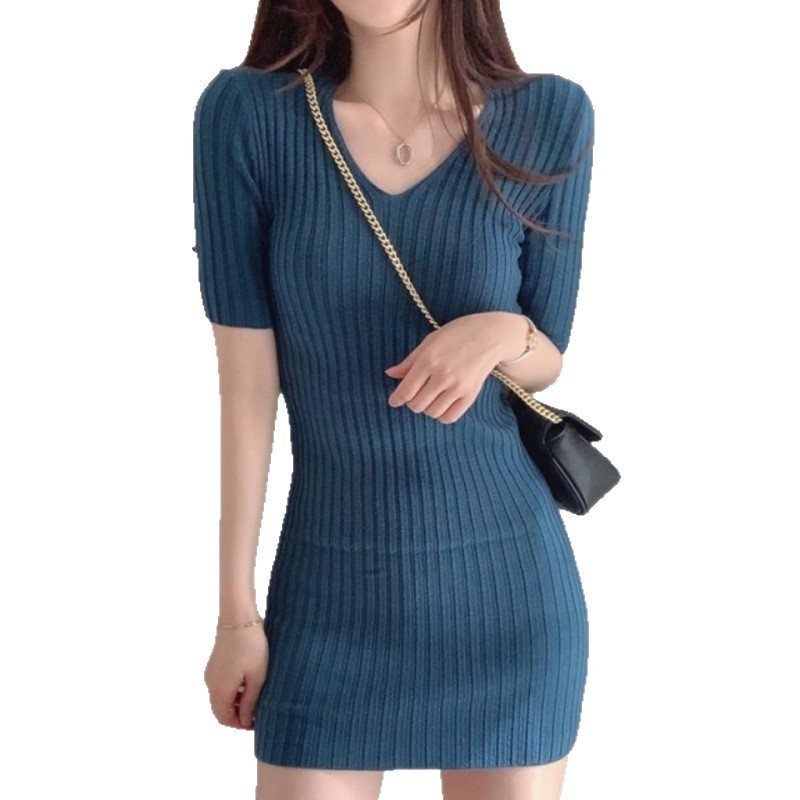 韓国のシックな気質痩身 V ネックスリム夏ヒップカバー小柄な糸秋冬シルクニットドレス女性のための|undefined