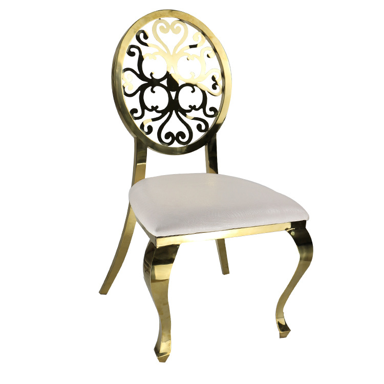 Fábrica al por mayor Hotel banquete boda comedor silla boda galvanoplastia Silla de acero inoxidable Bolsa De Oro suave Silla de comedor de cuero