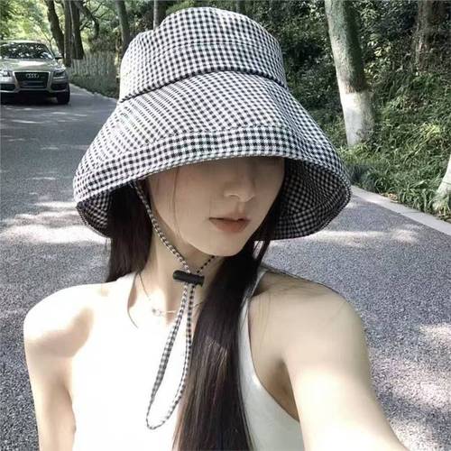 Women's Korean Version Summer Outing UV Protection Outdoor Brim Hat that Blocks Sun and Faces, with a High-End Striped Fisherman Hat