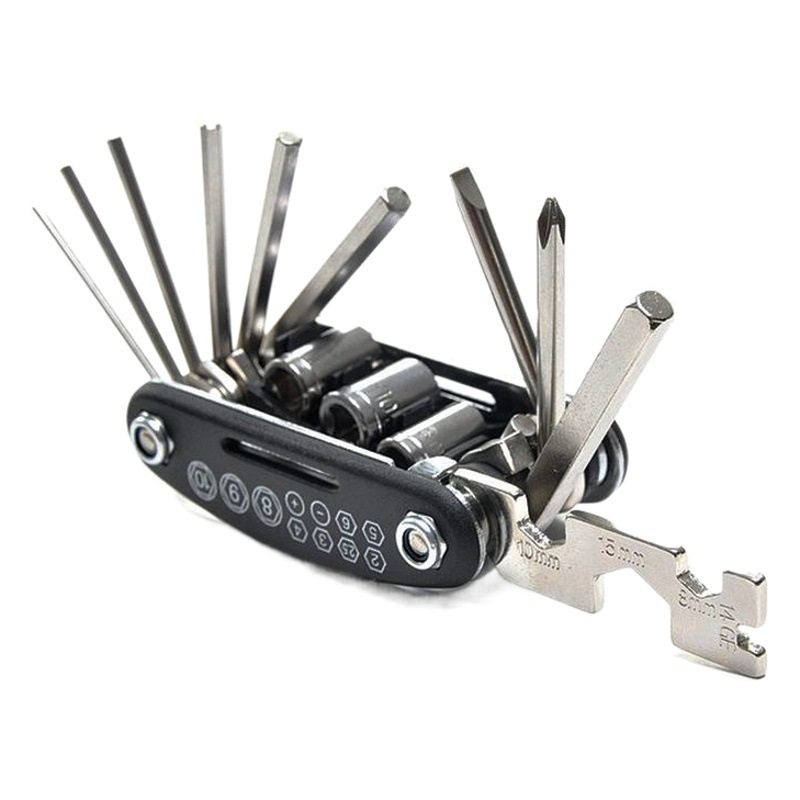 Herramienta de combinación de reparación de bicicletas 16 en un juego de destornillador multifunción plegable llave de reparación de neumáticos de coche manga