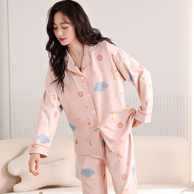 YUEZI 의류 봄과 가을 순면 파자마 여성용 카디건 긴팔 바지 세트 느슨한 플러스 사이즈 가을 및 겨울 홈 의류