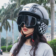 BOLLFO碳纤维复古头盔四分之三半盔男女夏四季电动车哈雷机车帽